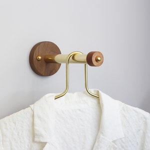 Wall mounted valet Wall clothes hanger Wall-mounted coat rack Minimalist projection peg Brass and wood closet hook Clothes rail image 1