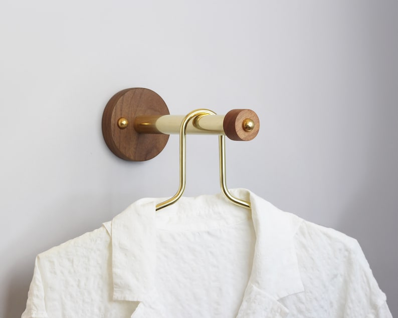 Wall mounted valet Wall clothes hanger Wall-mounted coat rack Minimalist projection peg Brass and wood closet hook Clothes rail image 1