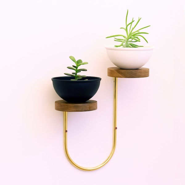 Modern wall mounted brass and wood shelves