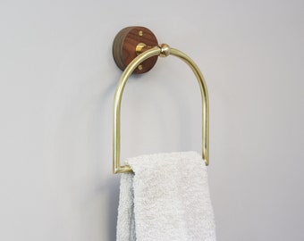 Hand towel holder | Bathroom towel rack | Bath towel hook | Wooden towel hanger | Brass and walnut wood towel bar | Towel ring