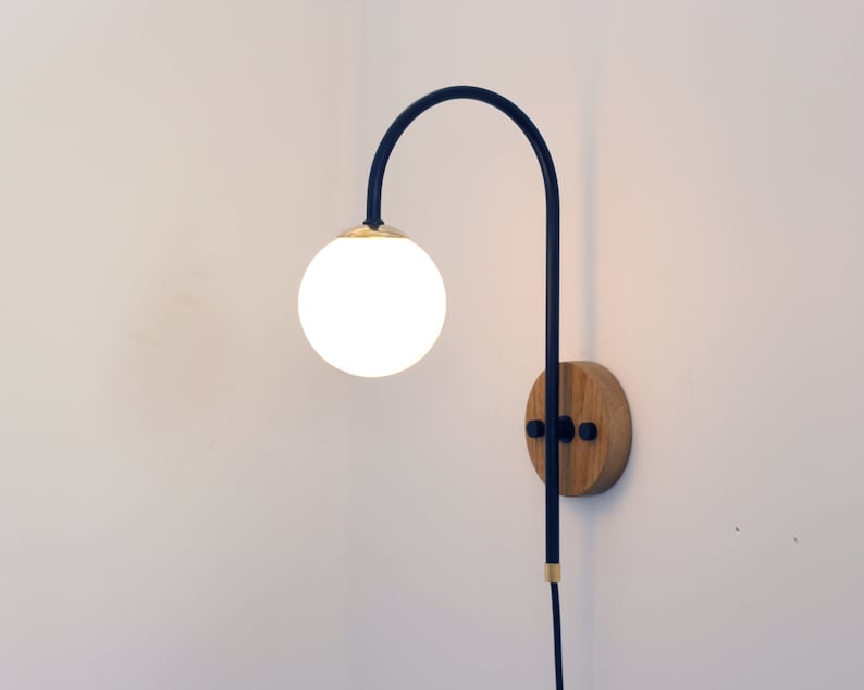 Plug in wall lamp , Bedside sconce, Brass wood and glass globe wall mounted lamp, Wall light fixture, Designer lamp. image 2