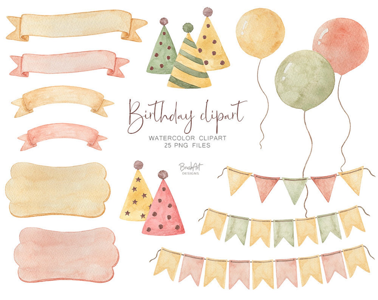 Geburtstag Clipart Aquarell PNG Ballons Banner Party Hüte  Etsy