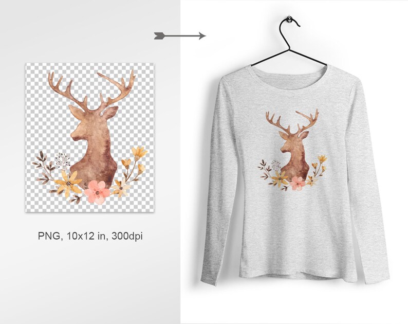 Deer sublimation watercolor Watercolor clipart PNG Flowers Scandinavian style Sublimation graphics Digital download