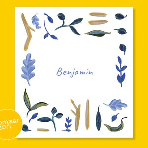 Faire-part de naissance bébé - feuilles, plantes, branches peintes - bleu forêt d'automne