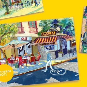 Cartoline - Impostare cartoline "Terrasjesmensen" con illustrazioni colorate di caffè spagnoli