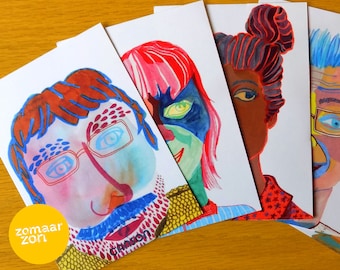 Postcards - Portraits of people I don&#39;t know - set of illustrated 5 postcards