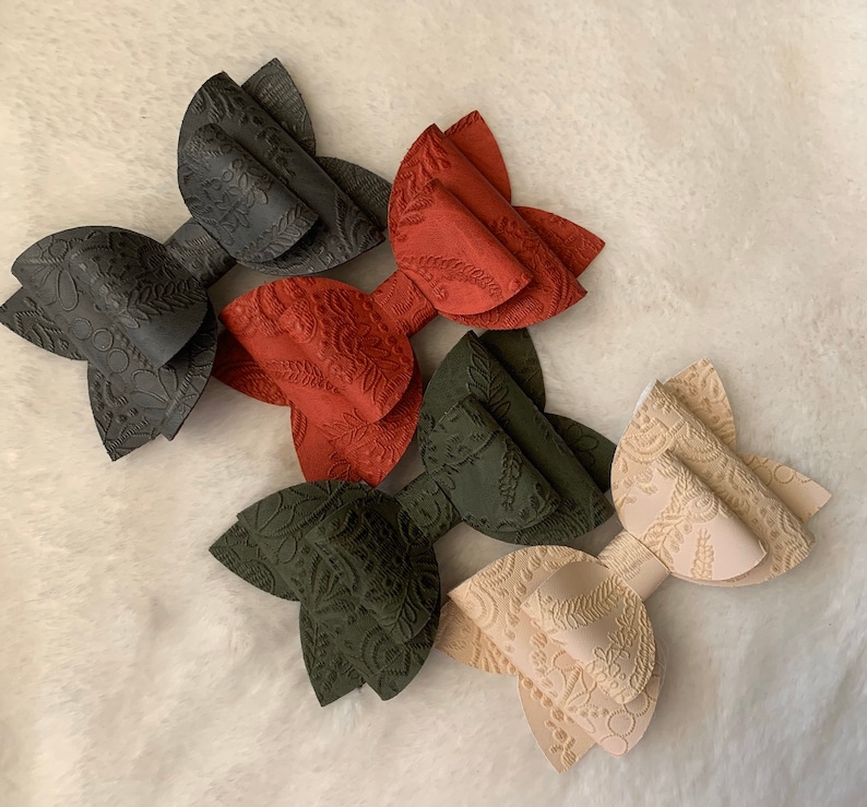 faux leather girly accessory Embossed Faux Leather double layer Dahlia hair bow 100/% wool felt hair bow glitter
