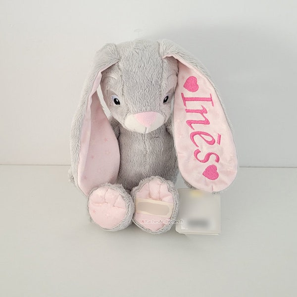 Peluche lapin gris et rose personnalisable par AttachesAndPerles