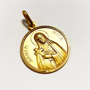 18k solid yellow gold St. Rita pendant(15mm/20mm)unique classy work of art details engraved large round solid gold pendant for men and women