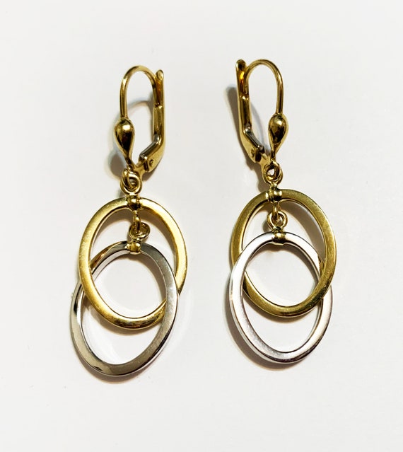 10k Solid Two Tone Gold1.50inchlong Double Oval Dangling Earrings