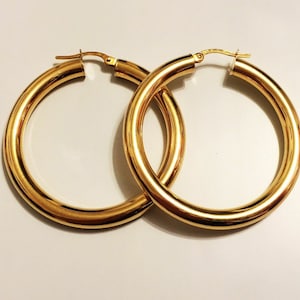 18k solid yellow/white gold(1&quot;inch)hoop earrings/3mm thick/classic trendy stylish thick smooth finishing solid gold hoop earrings for women