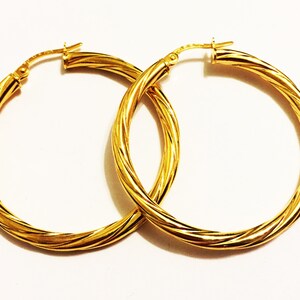 14k solid yellow gold(1.50&quot;inch)swirly hoop earrings/3mm thick/classic stylish unique trendy large thick solid gold hoop earrings for women