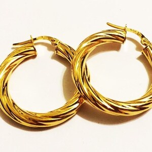 10k solid yellow gold(1.2”diameter,4mm width)swirly trendy hoop earrings, work of art stylish large thick solid gold hoop earrings for women