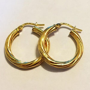 10k solid yellow/white gold(20mm diameter/3mm thick)swirly hoop earrings, classic stylish trendy thick clip on solid gold earrings for women
