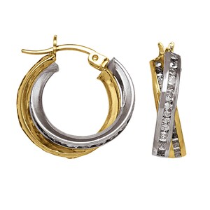 10k solid two tone gold(15mm diameters)double rolled ribbon stylish solid gold hoop earrings, work of art rare find unique hoop earrings