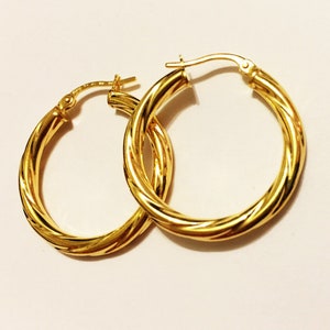10k solid yellow/white gold(1&quot;inch)swirly hoop earrings/3mm thick, large classic thick trendy fashion statement solid gold hoops for women