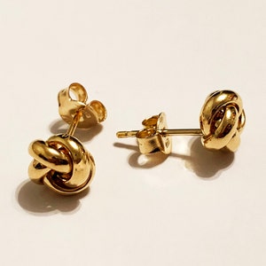 14k solid two tone gold/yellow gold love knot stud earrings, fancy stylish classic large love knot solid gold stud earrings for women