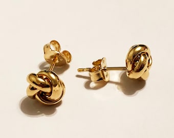 Solid 14k Two Tone Gold Love Knot Stud Earrings, Classic Stylish Large Knot Jewelry