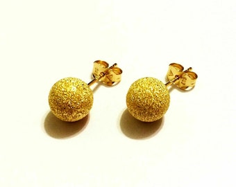 14k solid yellow/white gold(8mm)star dust ball stud earrings, stylish sparkly large fashion statement solid gold ball stud earrings