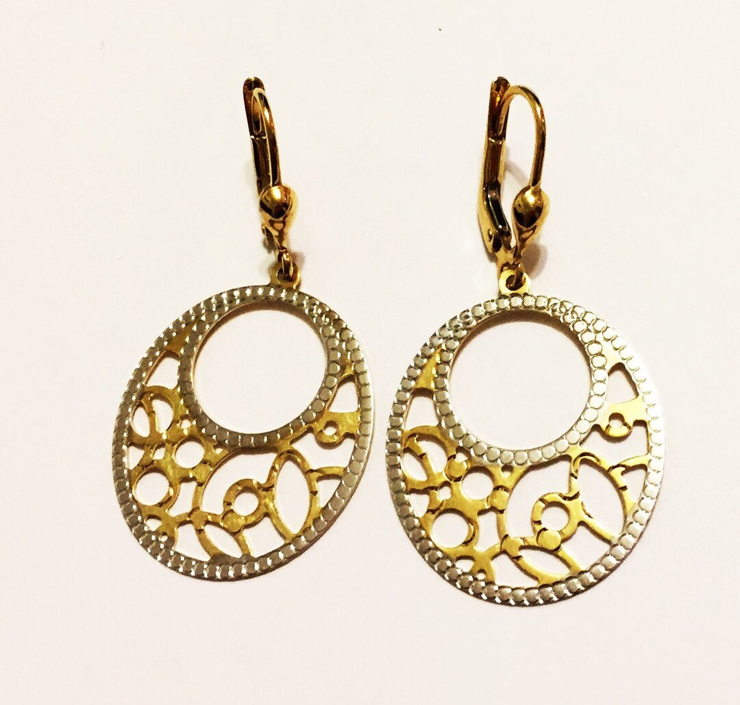 10k Solid Two Tone Gold1.5inchfiligree Crescent Dangling Earrings/fancy