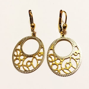 10k solid two tone gold(1.5&quot;inch)filigree crescent dangling earrings/fancy work of art solid gold lever-back dangling earrings, fine jewelry