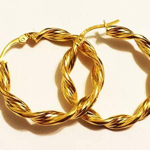 10k solid yellow gold(1&quot;inch)Italian swirly engraved hoop earrings/fashion statement thick large circle solid gold hoop earrings for women