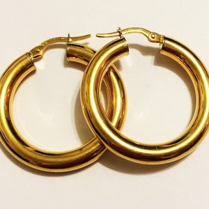 18k solid yellow gold(1&quot;inch/4mm thick)Classic hoop earrings, thick large trendy smooth finishing stylish solid gold hoop earrings for women