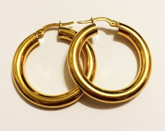 18 kt massief geelgoud (1 inch/4 mm dik) Klassieke oorringen, dik, grote trendy gladde afwerking stijlvolle massief gouden oorringen voor dames