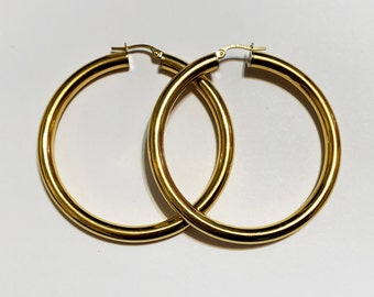 18 karaats massief geelgouden (4,4 cm) oorringen, 4 mm dik, grote, modieuze, dikke, stijlvolle oorringen van massief goud voor vrouwen
