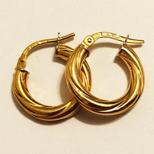 18k solid yellow gold(15mm diameter/4mm thick)swirly thick classic trendy stylish everyday solid gold hoop earrings for women, fine jewelry
