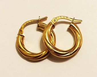 18k solid yellow gold(15mm diameter/4mm thick)swirly thick classic trendy stylish everyday solid gold hoop earrings for women, fine jewelry
