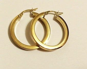 18k Gold Hoop Earrings, Large Square Cut (1 inch), Made in Italy