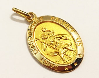 14k solid yellow gold oval St. Christopher pendant, classic trendy trendy the traveler protectors large solid gold pendant for men and women