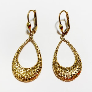 10k solid yellow gold(1.50&quot;inch)filigree crescent drop dangling earrings, work of art long stylish solid gold lever-back dangling earrings