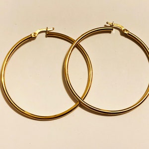 10k solid yellow/white gold(1.30&quot;inch)hoop earrings/2mm thick/ classic stylish trendy fashion statement solid gold hoop earrings for women