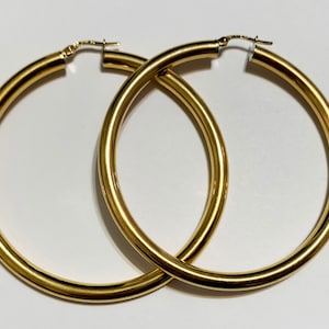 10k solid yellow gold(4mm thick)classic hoop earrings/2.25&quot;inch diameter/ large thick fashion statement stylish classy solid gold hoops
