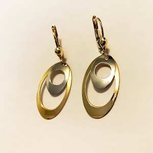 10k solid two tone gold(1.50"inch length)long double oval dangling earrings, classic trendy stylish solid gold lever-back dangling earrings