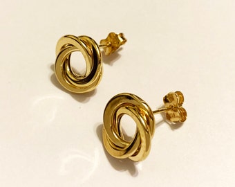 10k solid yellow gold(12mm diameter)love knot stud earrings, trendy fashion statement large solid gold love knot studs, fine jewelry gift