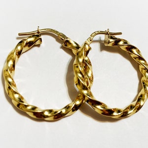 18k solid yellow gold(1&quot;inch)swirly hoop earrings, unique thick large fashion statement classy stylish solid gold hoop earrings for women