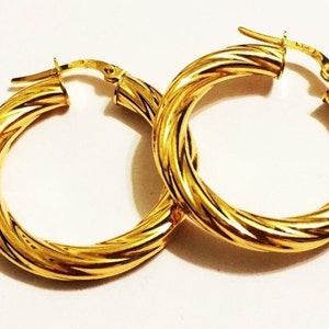 18k solid yellow gold(1.2&quot;diameter/4mm thick)swirly hoop earrings, thick large classic fashion statement trendy solid gold hoop earrings