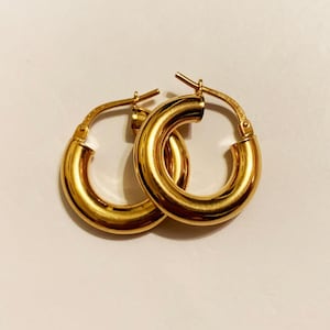 18k solid yellow gold(15mm/4mm thick)Italian tube hoop earrings,classic gold hoops,smooth finishing,statement earrings,fine jewelry gift