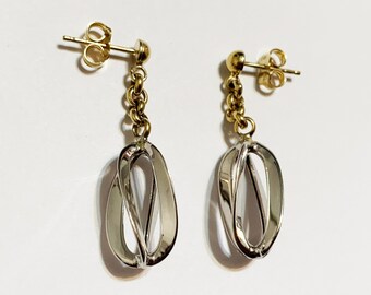10k solid two tone gold(1.25"inch)fashion statement dangling earrings, unique design 3D twisted oval drop solid gold dangling earrings