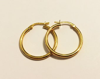 18k solid yellow/white gold(20mm)tube hoop earrings(2mm thick)stylish trendy classy smooth finishing solid gold hoop earrings for women