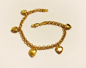 10k solid yellow gold hearts charm bracelet(7.25"inch)fancy work of art stylish thick solid gold bracelet for women, fine jewelry gift