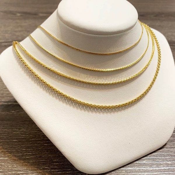 18k solid yellow gold(1mm/1.3mm/1.8mm/2.3mm)round wheat chain up to 24",shiny sturdy stylish thick classic solid gold chain for men / women