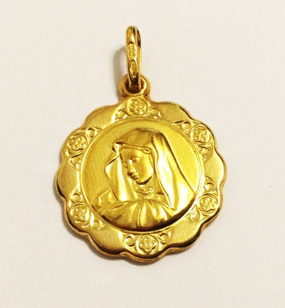 18k Solid Yellow Gold Virgin Mary Religious Pendant12mm 14mm