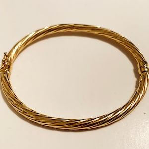 10k solid yellow/white gold(4mm)swirly bangle(7"inch)classic stylish fashion statement thick hinged stackable solid gold bangle for women