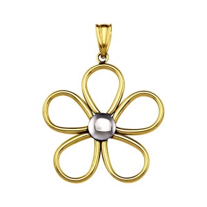 10k solid two tone gold(1.3&quot;inch)large flower filigree pendant, unique stylish trendy classic work of art solid gold pendant for women