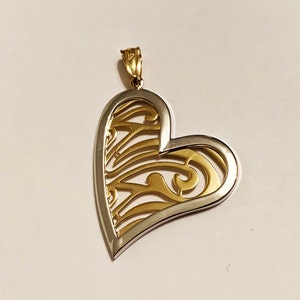 10k solid two tone gold(1.50&quot;)large filigree heart pendant, fashion statement work of art stylish trendy unique solid gold heart pendant