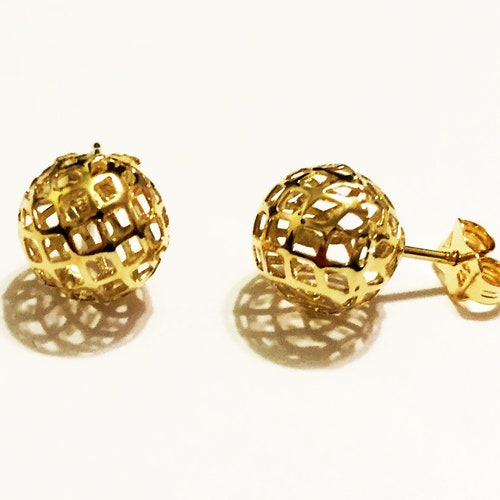 10k solid shops yellow gold filigree ball stud earrings(8mm/10mm)